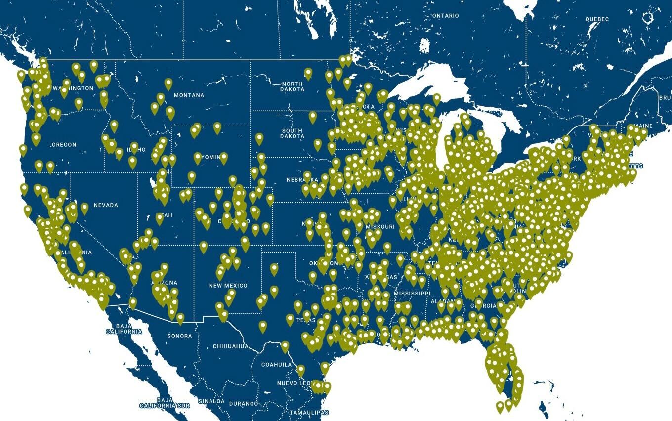 map of in-network hearing providers in North America with providers in each continental US state and northern Mexico